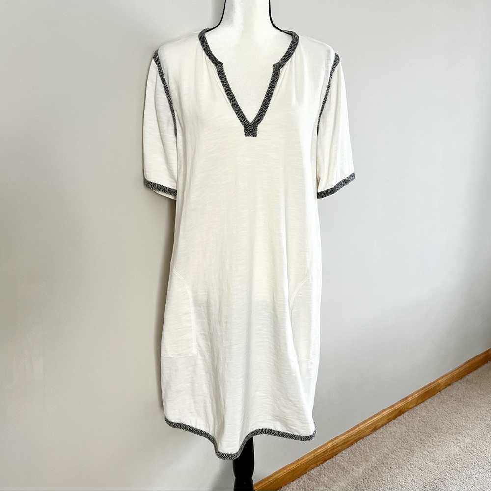 J. CREW White Cotton Tunic Dress with Pockets V-neck Black/White Trim XL